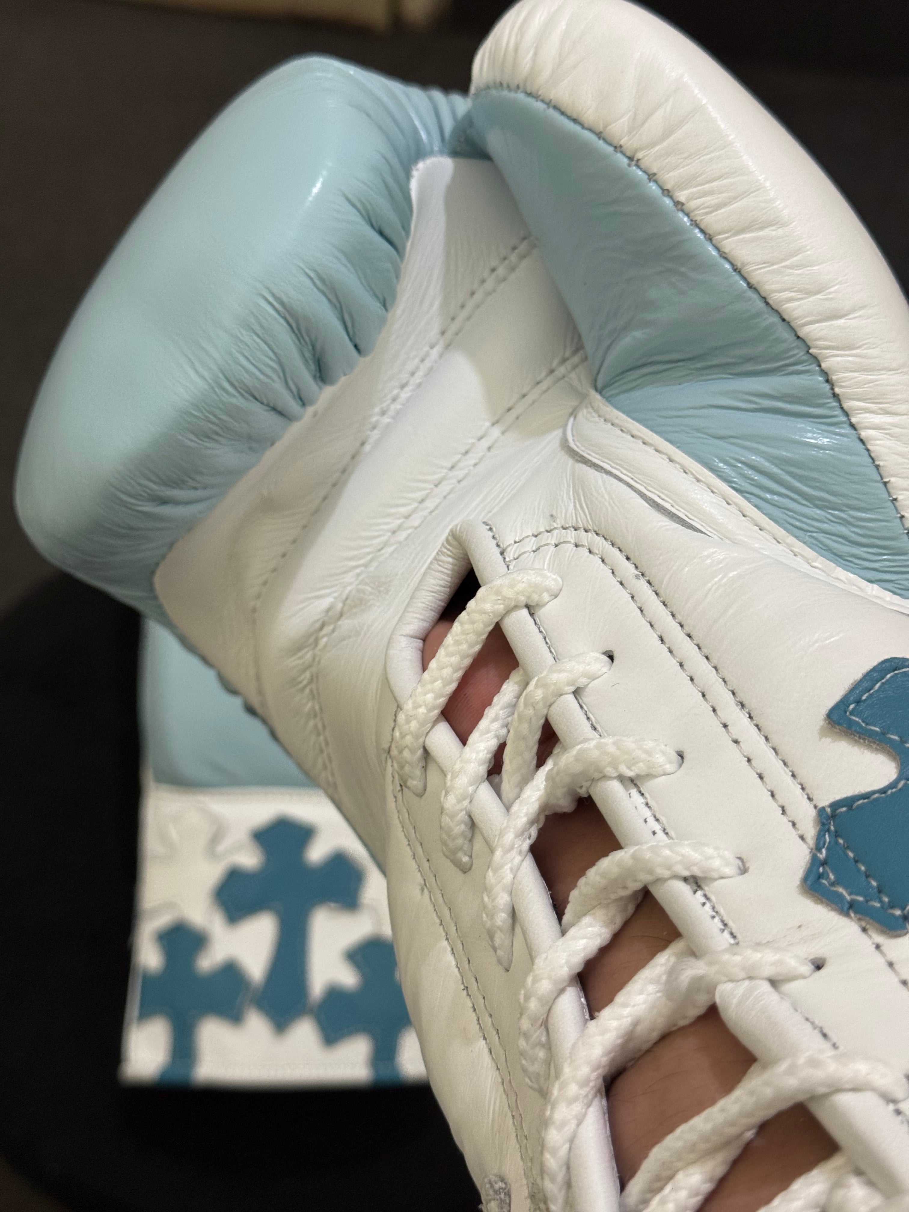 Sky Blue & White - Handmade Chrome Heart Boxing Gloves | Limited Edition | Premium Quality | Cowhide Leather | Personalise your Logo or Name