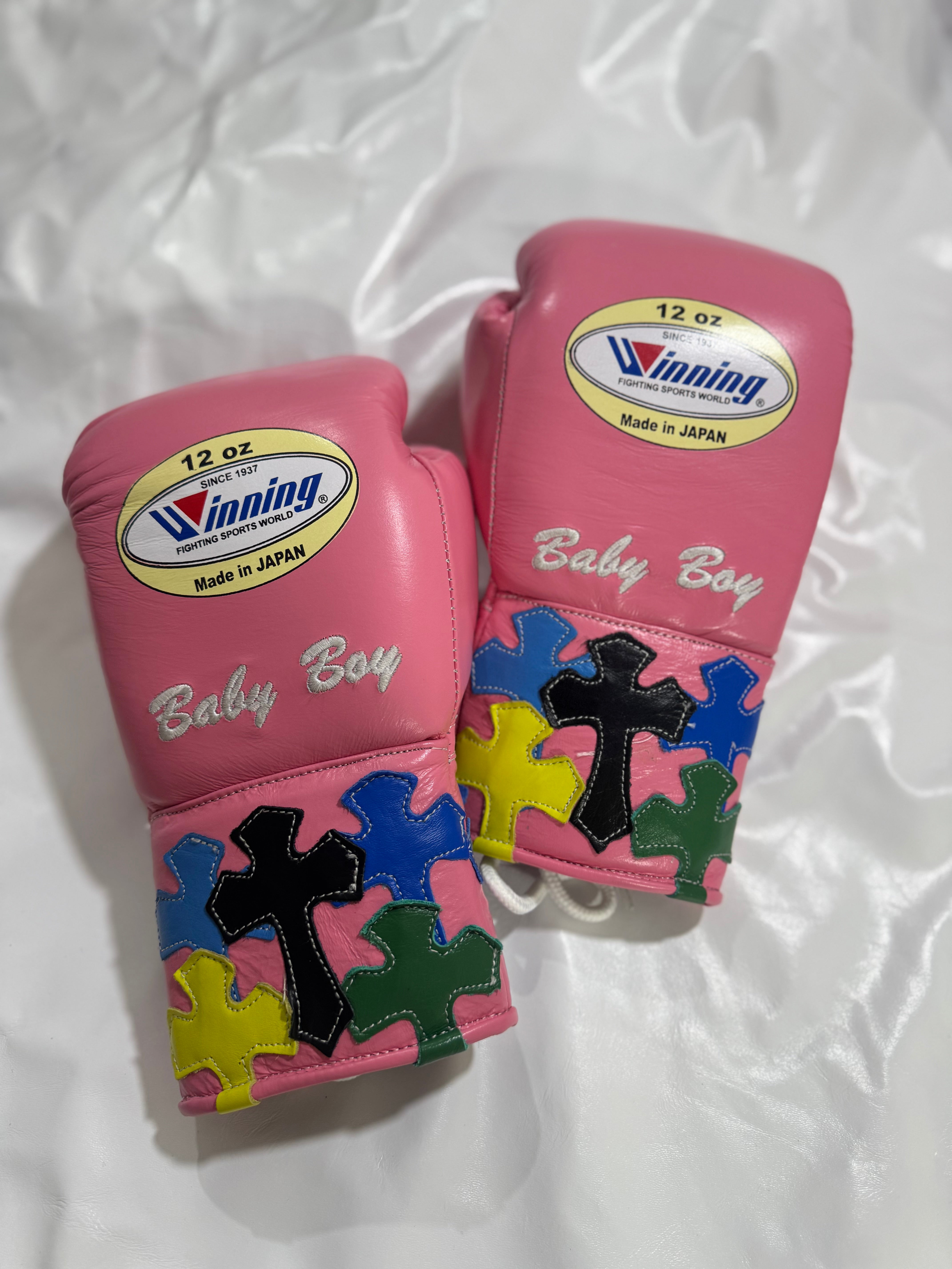 Pink - Handmade Chrome Heart Boxing Gloves | Limited Edition | Premium Quality | Cowhide Leather | Personalise your Logo or Name